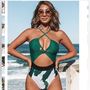 Women's V Neck One Piece Green White Swimsuit Monokini NWT Size L